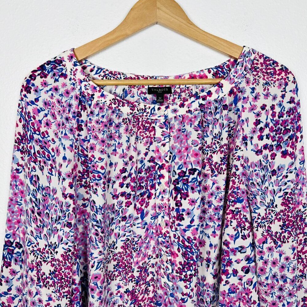 TALBOTS PLUS 1x White, Pink, and Purple Floral Button Peasant Style Boho Blouse - Picture 6 of 11